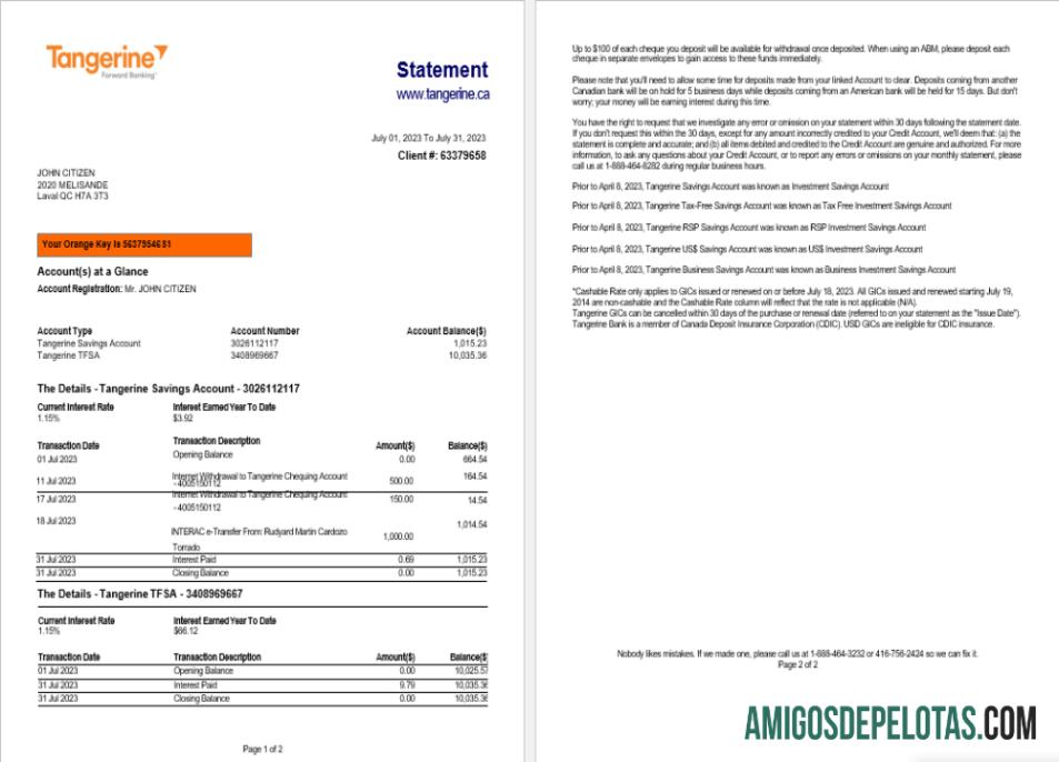 em branco Canadá Tangerine modelo de extrato bancário Word e PDF